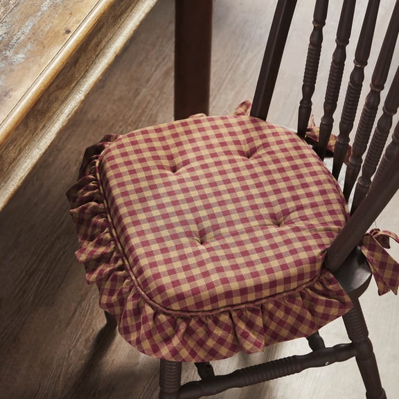 VHC Brands Chair Pad 16.5x18, Cotton Dining Room, Kitchen Chair Pads, Seat Cushion with Ties, Tucked, Burgundy Check Collection, Rectangle 16.5x18, Burgundy