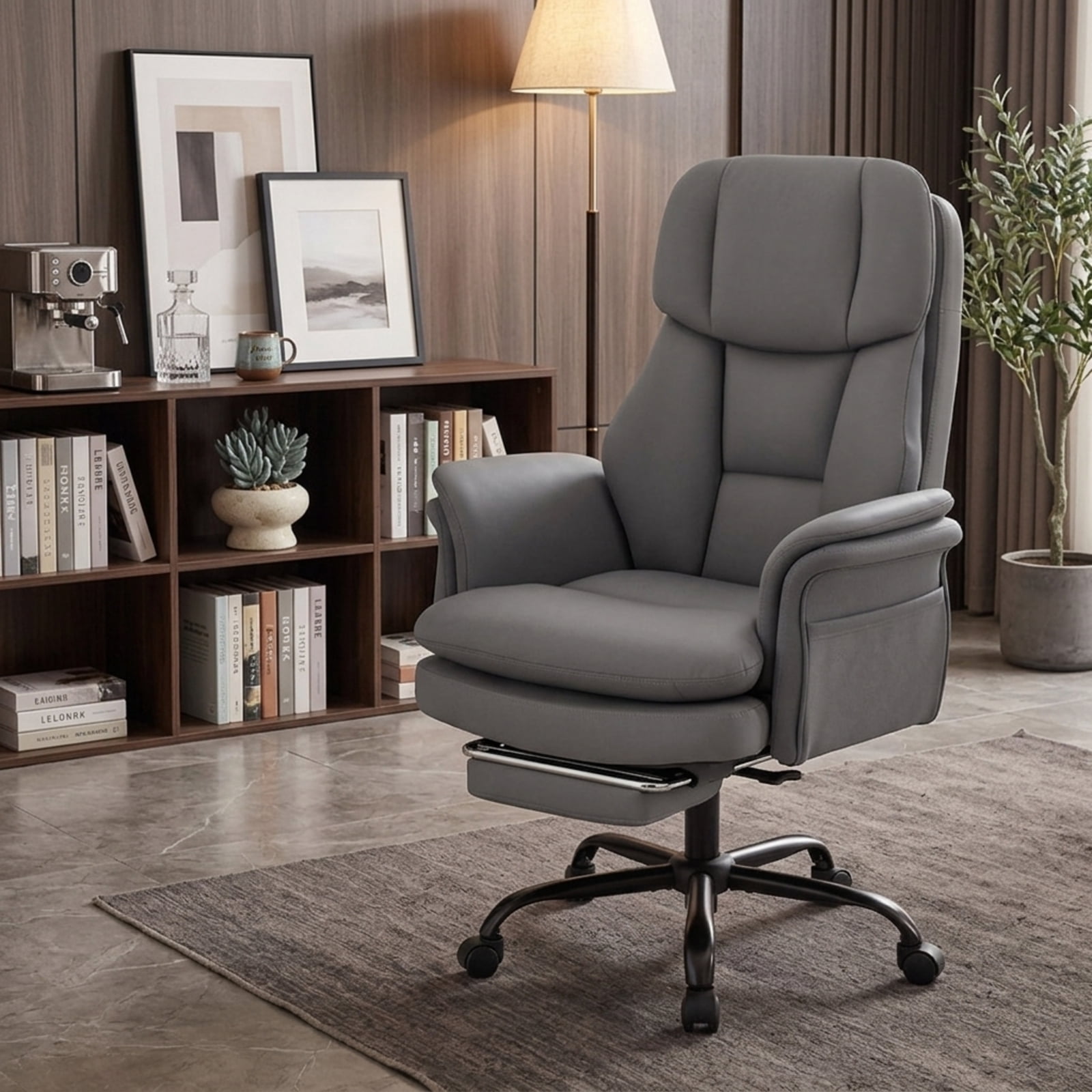 Furnibear Big and Tall Executive Office Chair 500 lbs Ergonomic Cross Legged Computer Chair with Footrest Flip Up Arms and Teddy Fleece, Gray