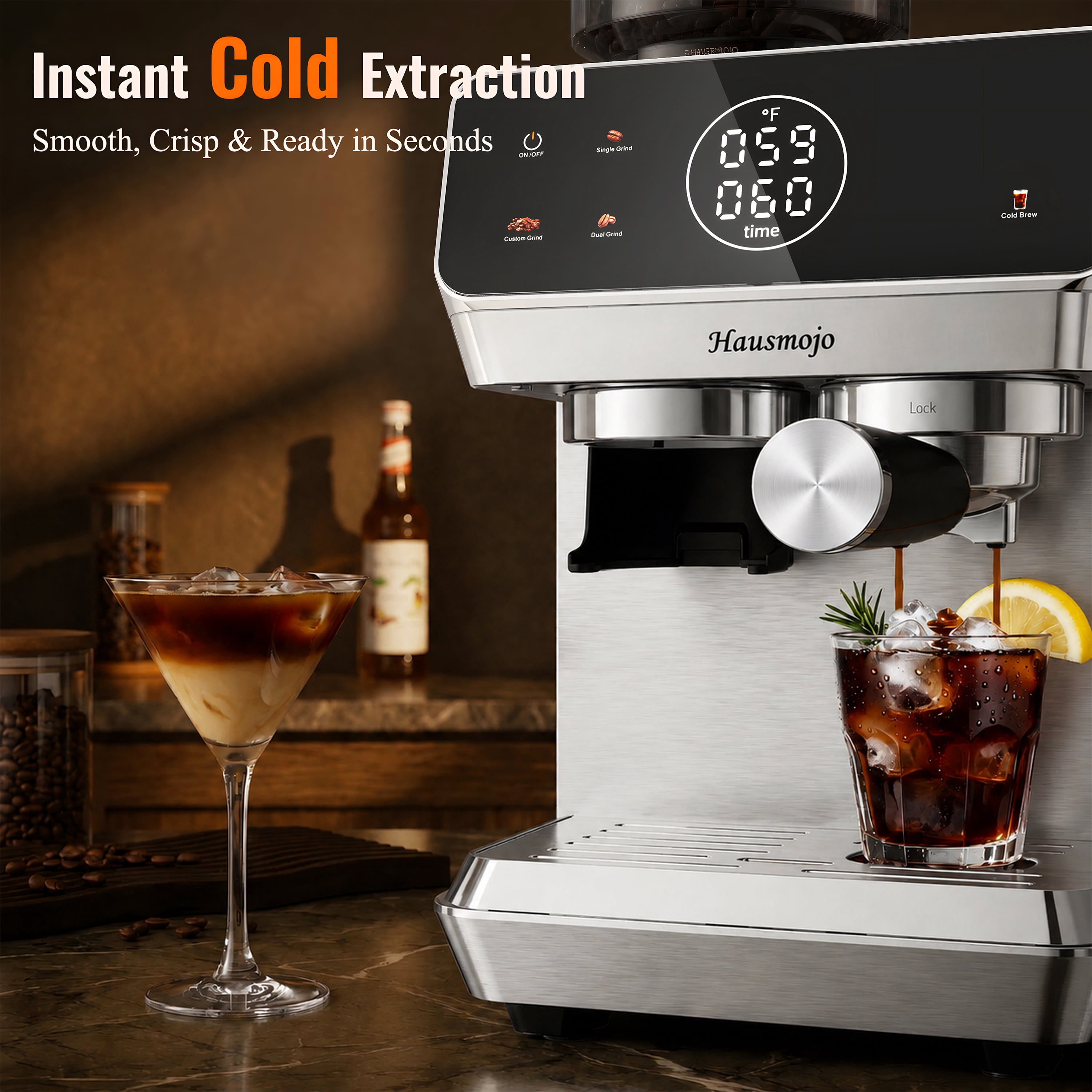 Hausmojo CM1620 Espresso Machine with Grinder and Frother, 20‑Bar Pump, Cold Brew, Latte & Cappuccino, Stainless Steel