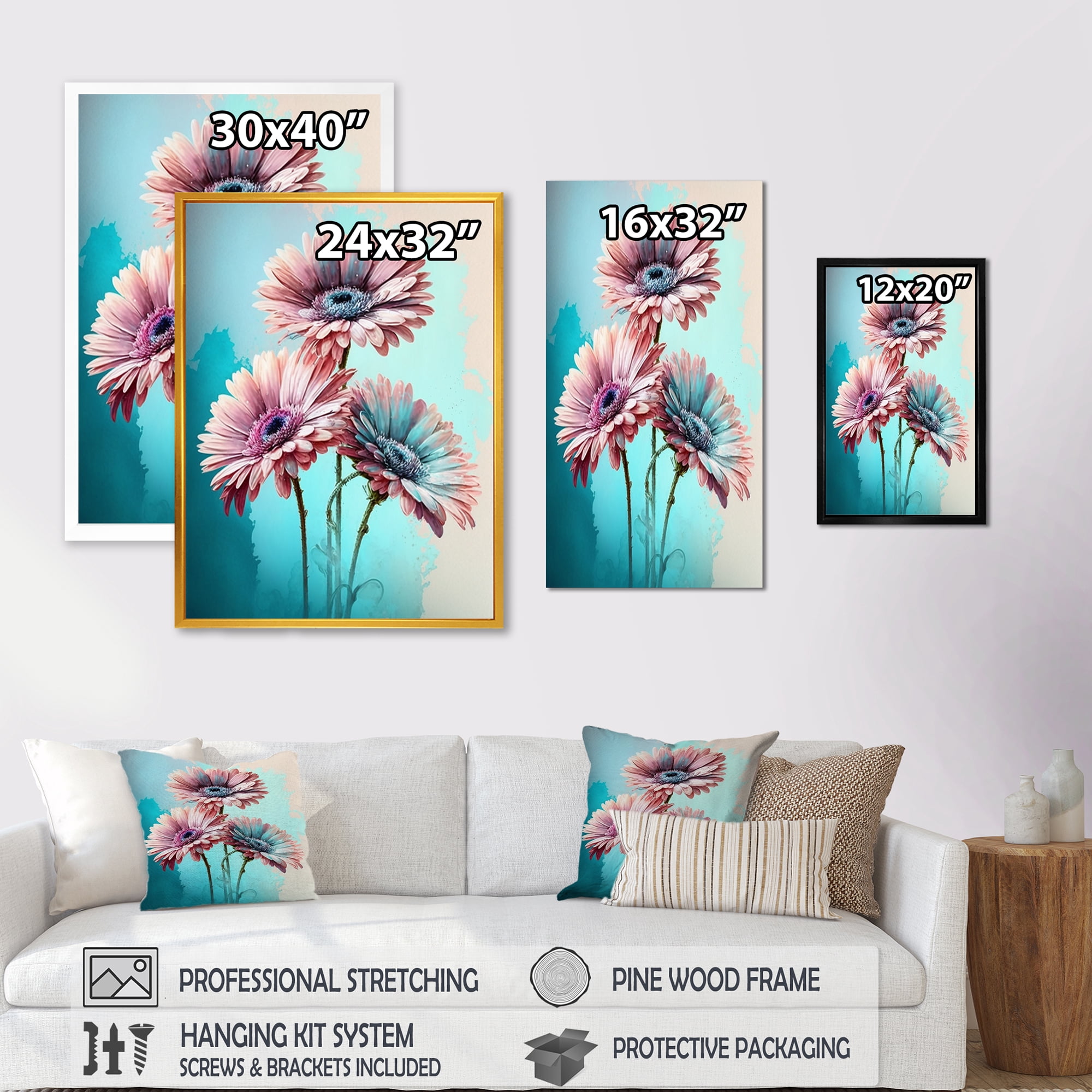 Designart Pink And Blue Flower Gerbera II Canvas Wall Art