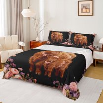 jejeloiu Farm Animal Cattle Full Size Sheets,Kawaii Highland Cow Bed Sheets,Rustic Flowers Blossom Sheet Sets For Girls Kids,Microfiber Bedroom Decor,4pcs