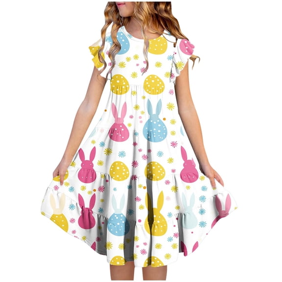 Easter Outfits for Girls Easter Flower Bunny Egg Print Short Sleeve Ruffled Pockets Summer Round-Neck Printed Dress 4-15Y Multicolor 6-7 Years
