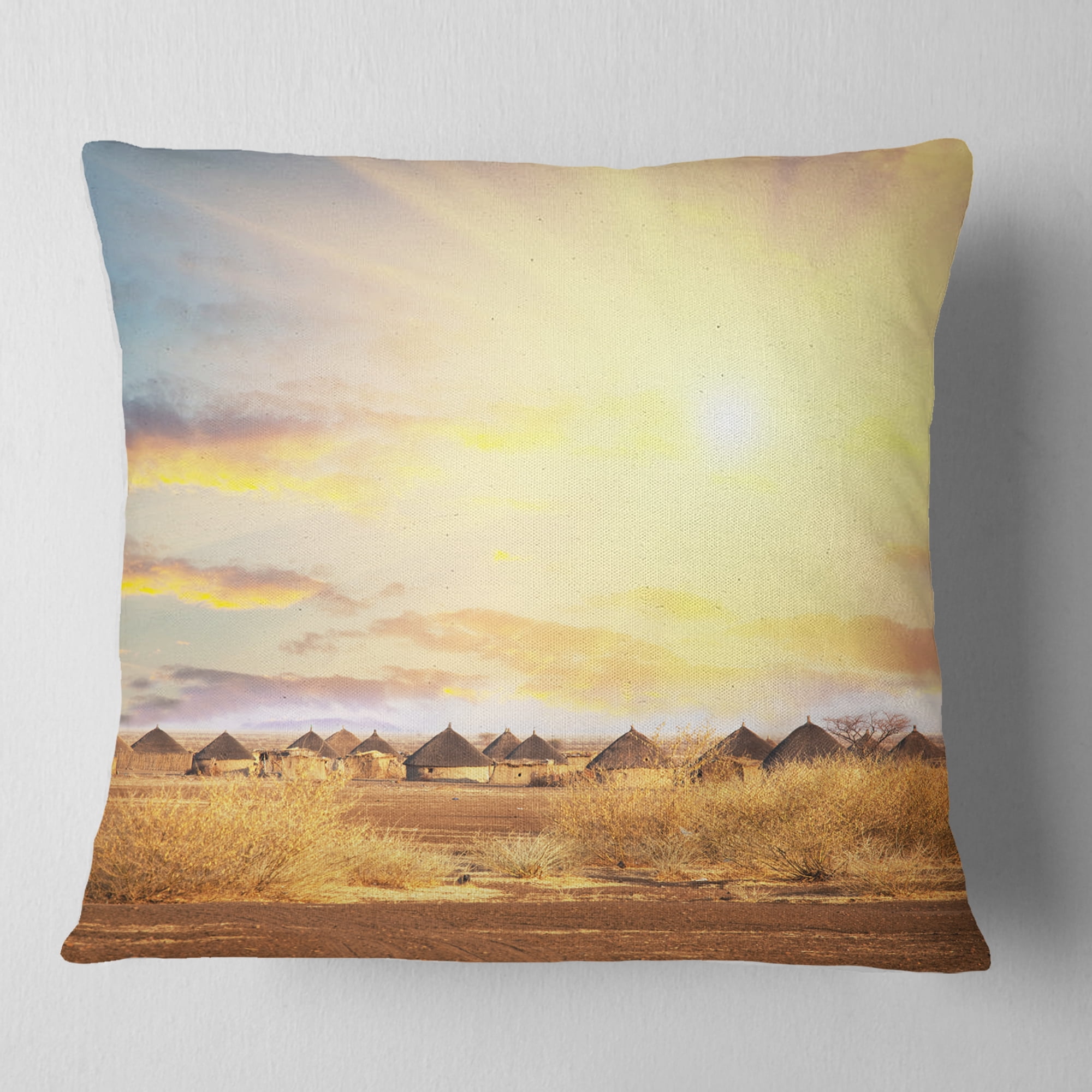 Designart African Huts under Colorful Sky - Landscape Printed Throw Pillow - 18x18
