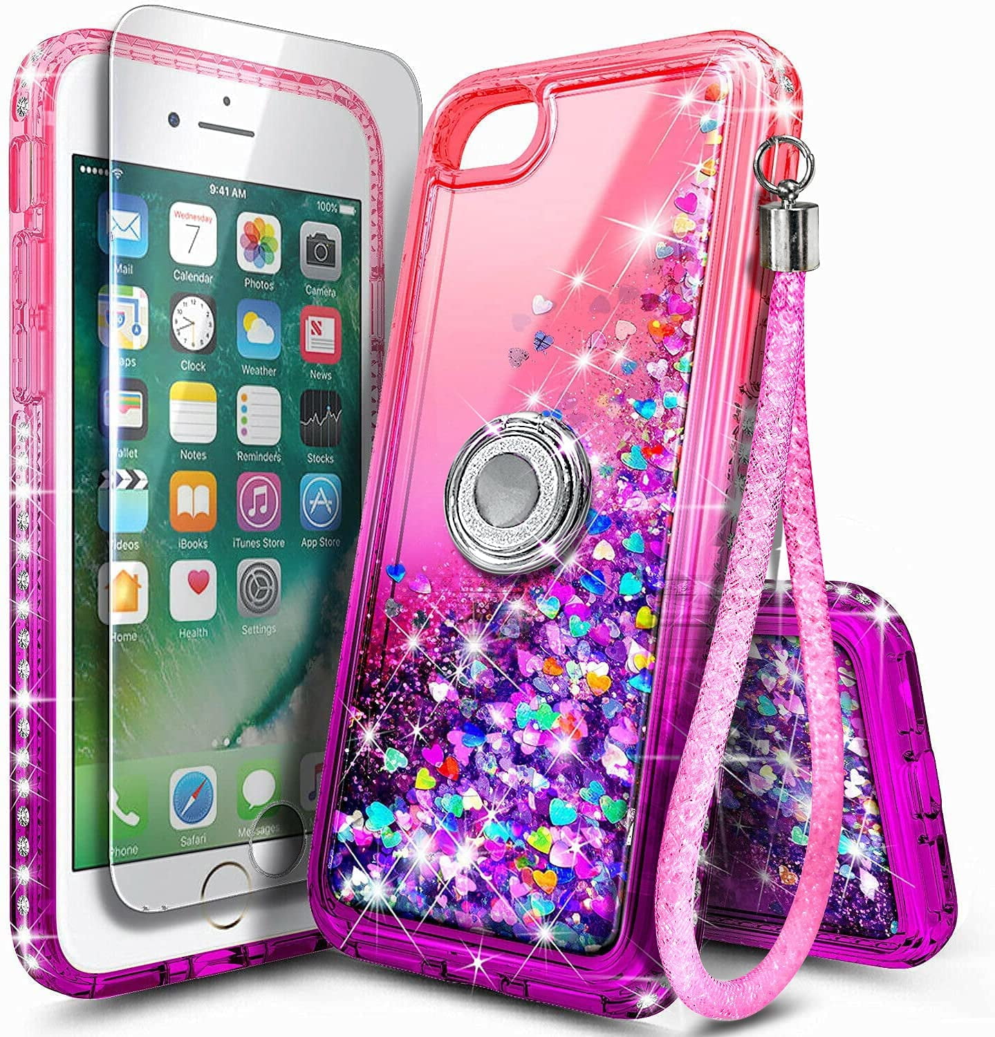Nagebee Case for iPhone SE 3 5G 2022, iPhone SE 2020, iPhone 8 7 6S 6 with Tempered Screen Protector, Glitter Liquid Bling Diamond, [Ring Holder & Wrist Strap] Case (Aqua/Purple) - Walmart.com