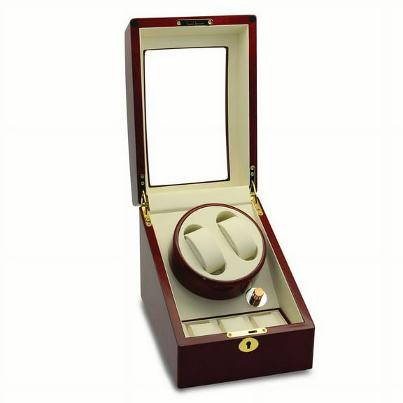 Rotations High Gloss Red Burlwood Finish Acrylic Lid Faux Leather Lined Locking Wooden 2-Watch Winder (AC or Batteries) QGM13135