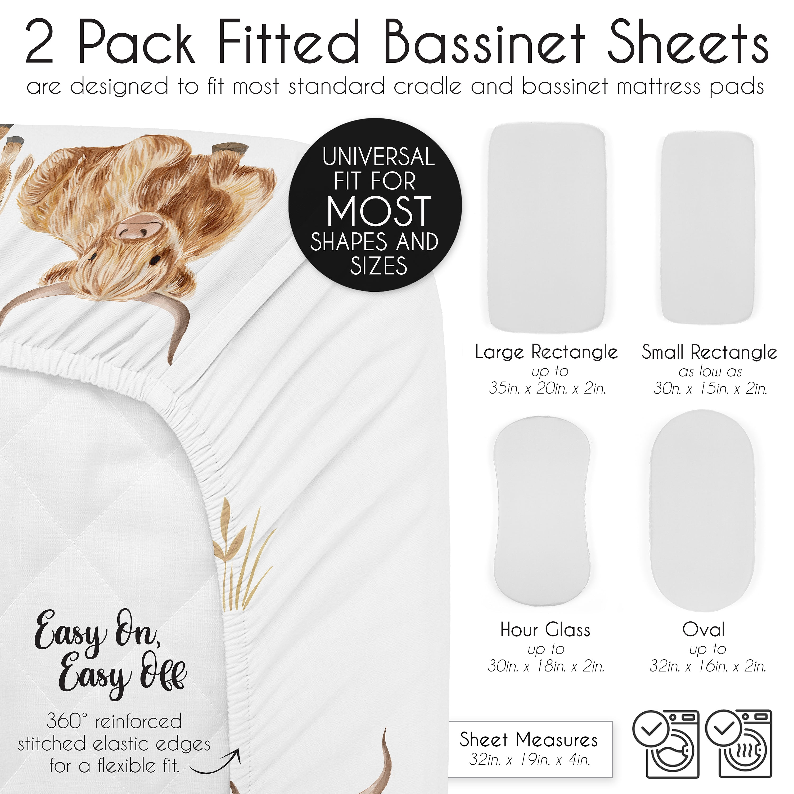 Sweet Jojo Designs Boho Highland Cow & Plaid Boy, Girl, Unisex/Gender Neutral Baby Bassinet Fitted Sheets Set 2 Piece