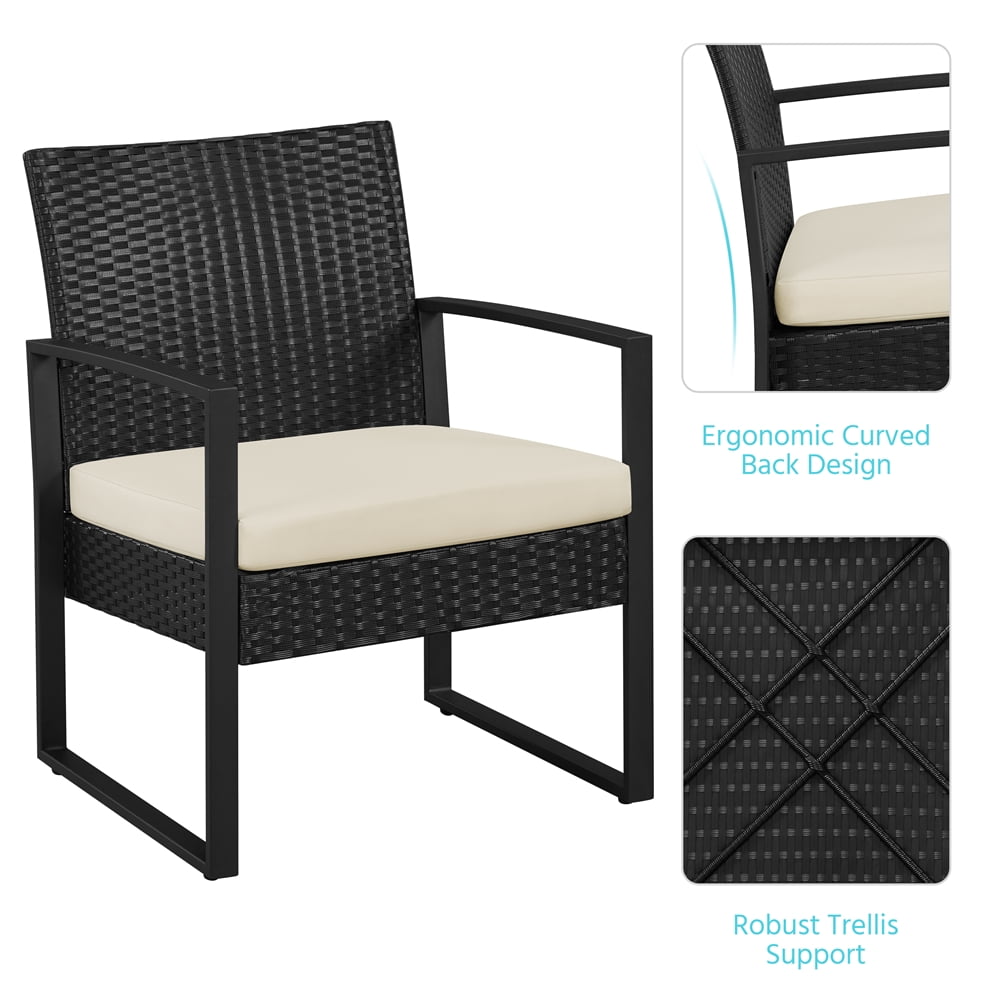 Yaheetech 3-piece Patio Set 2 Rattan Chairs & Table with Cushions, Black/Beige