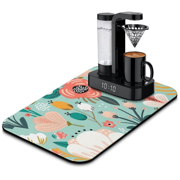 Washable Rubber Botanical Leaves Vintage Floral Dish Drying Mats for Kitchen Counter Home Large Coffee Bar Pad Accessories and Decor for Utensils Stemware 19.5''x12''