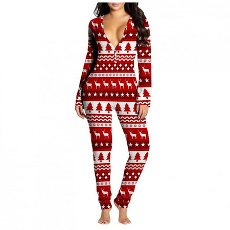 

PEONAVET Onesie Pajamas for Women Sexy V Neck Butt Button Flap Jumpsuit Christmas Printed Jumpsuits Long Sleeve Button Onesies Pajama Club Rompers Sleepwear Gifts for Women