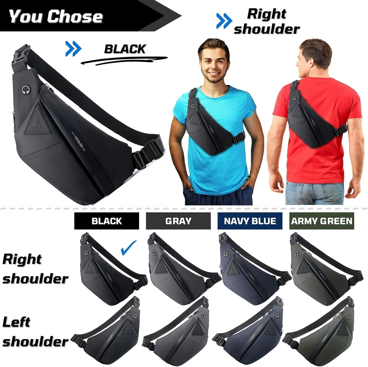 Anti-Theft Travel Sling Bag for Men and Women Expandable Waterproof Crossbody Bag Chest Shoulder Backpack (Black - Left shoulder)