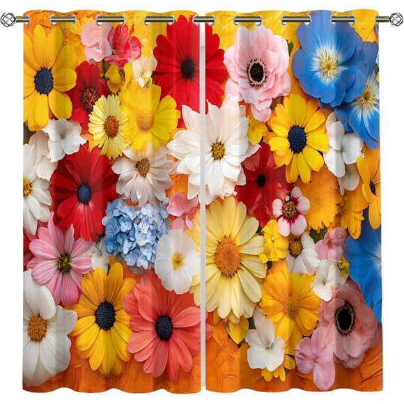 Flower Blackout Curtains, Colorful Floral Window Drapes for Bedroom Living Room Kitchen, Botanical Room Darkening Curtains 42"W x 63"L (Pack of 2)