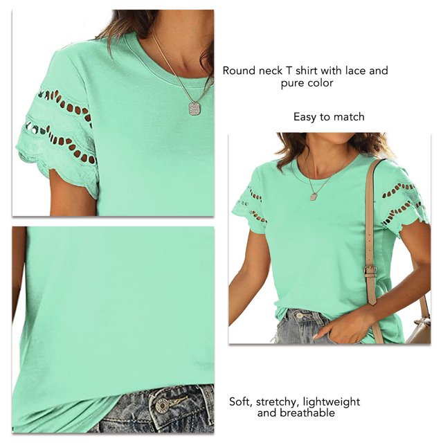 Camisa De Manga Corta Para Mujer ANGGREK Camiseta Informal Con Encaje Y Cuello Redondo Verde M