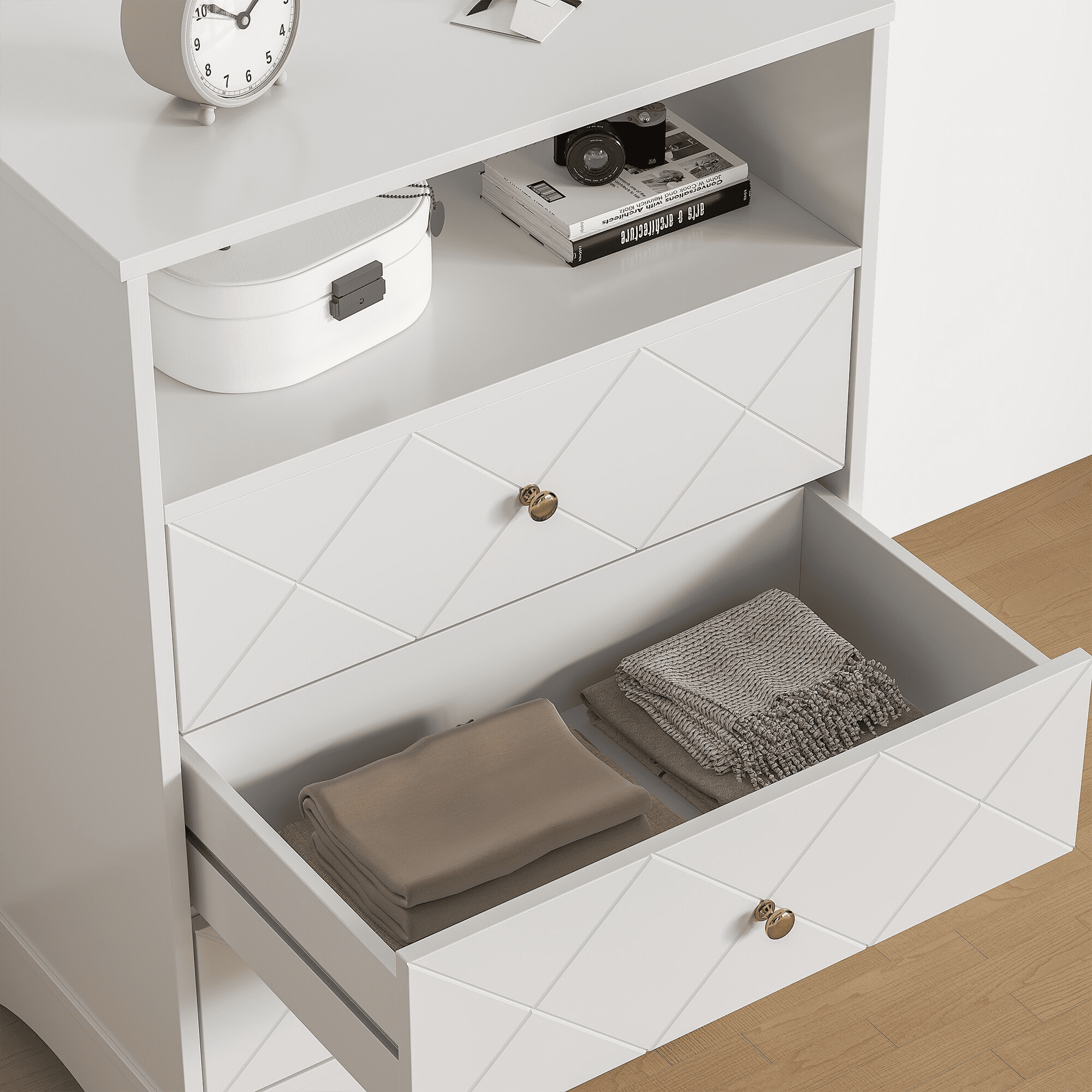 Mintazer Dresser with 3 Drawers & 2 Floating Shelves, Storage Bedside Night Stand with Open Shelf for Living Room, Bedroom & Closet, White