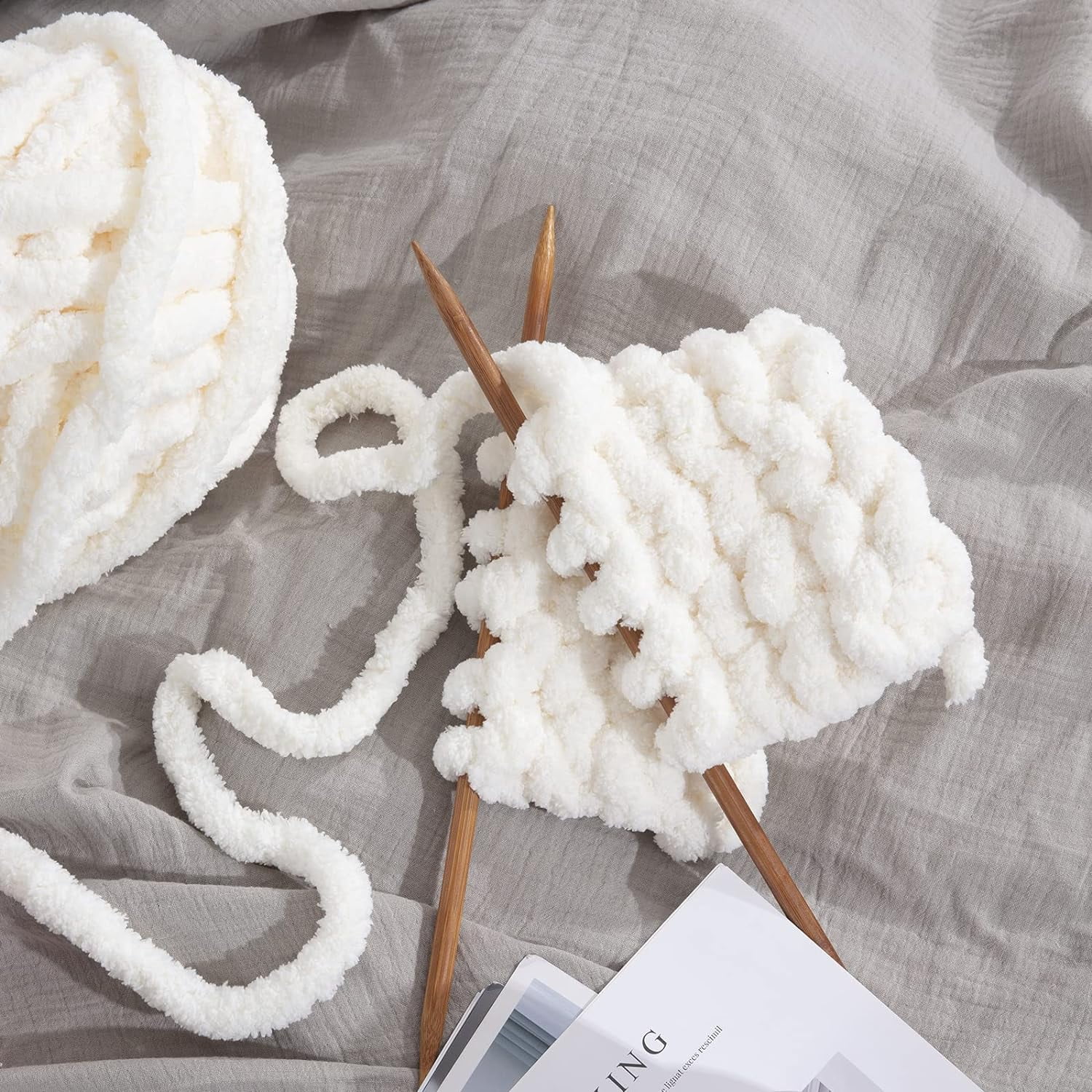 2 Pack Chunky Chenille Yarn for Crocheting, Bulky Thick Fluffy Yarn for Knitting, Bulky Chunky Yarn for Hand Knitting Blanket, Super Soft Plush Yarn (27yds Each Skein)-Pure White