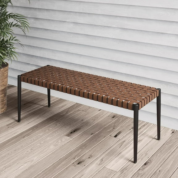 Wubio Bench, 2-Seat Leather-Look Wicker Bench with Tapered Legs, Outdoor Bench for Small Front Porch Entryway