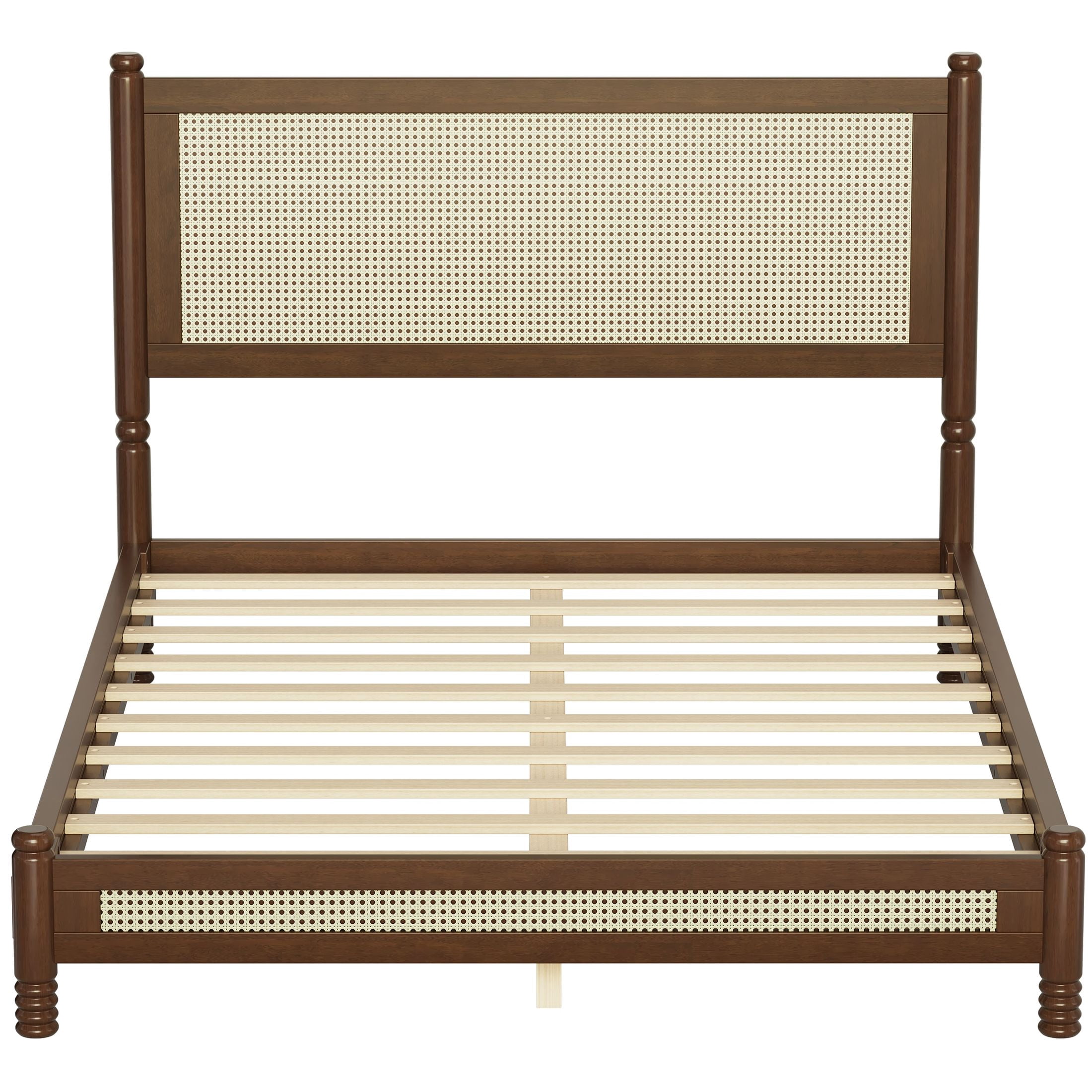GDF Studio Annes Full Size Boho Rattan Platform Bed Frame with Turned Legs, Woven Cane Pine Wood Bed Frame, Walnut
