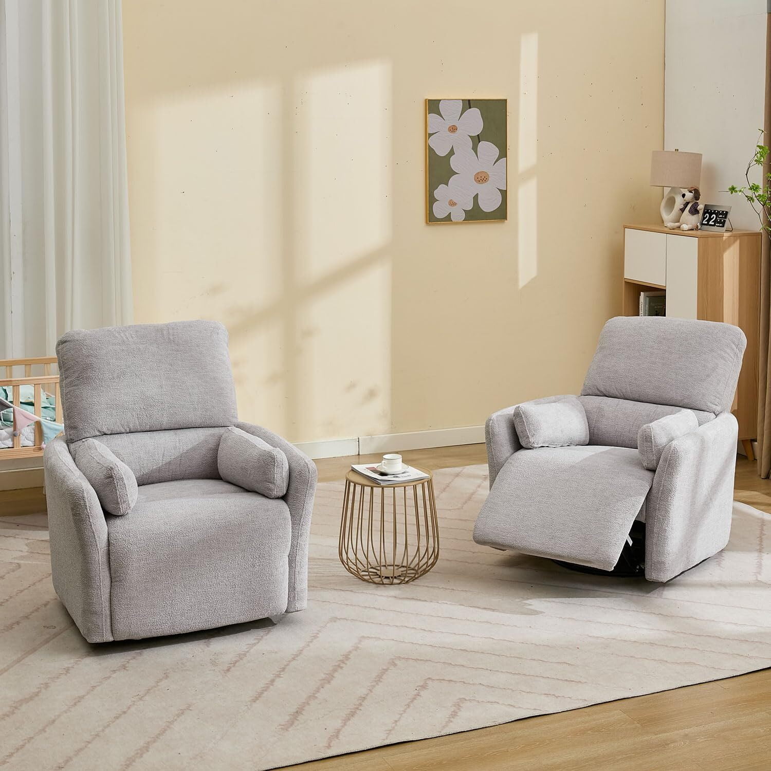 Power Swivel Rocker Recliner Chair with USB & Type-C Ports,Electric Glider Recliner with 2 Pillows,Suede,Gray