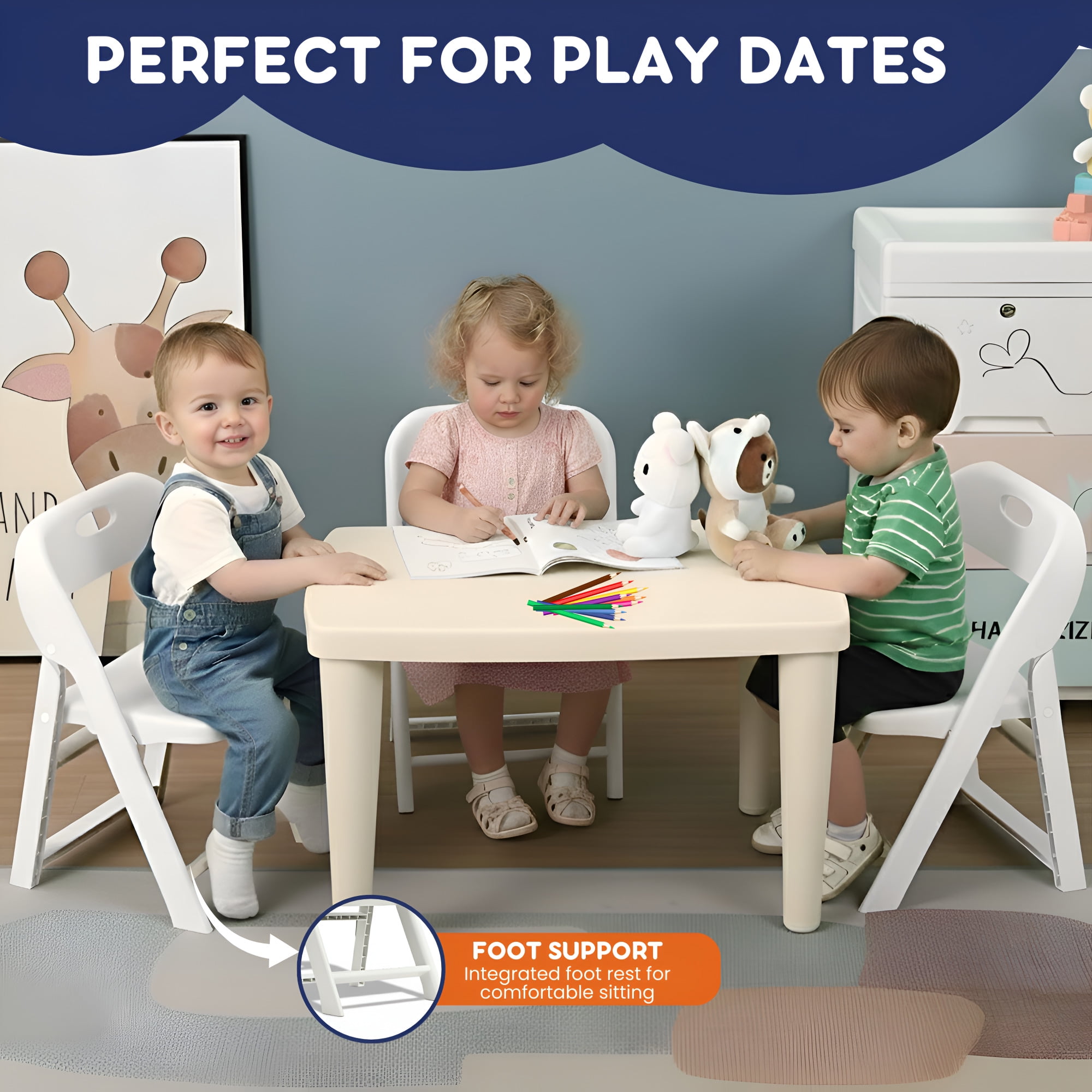 Giggle & Play Folding Chairs, Portable and Lightweight Kids Chair with Backrest, White, 2 Pack