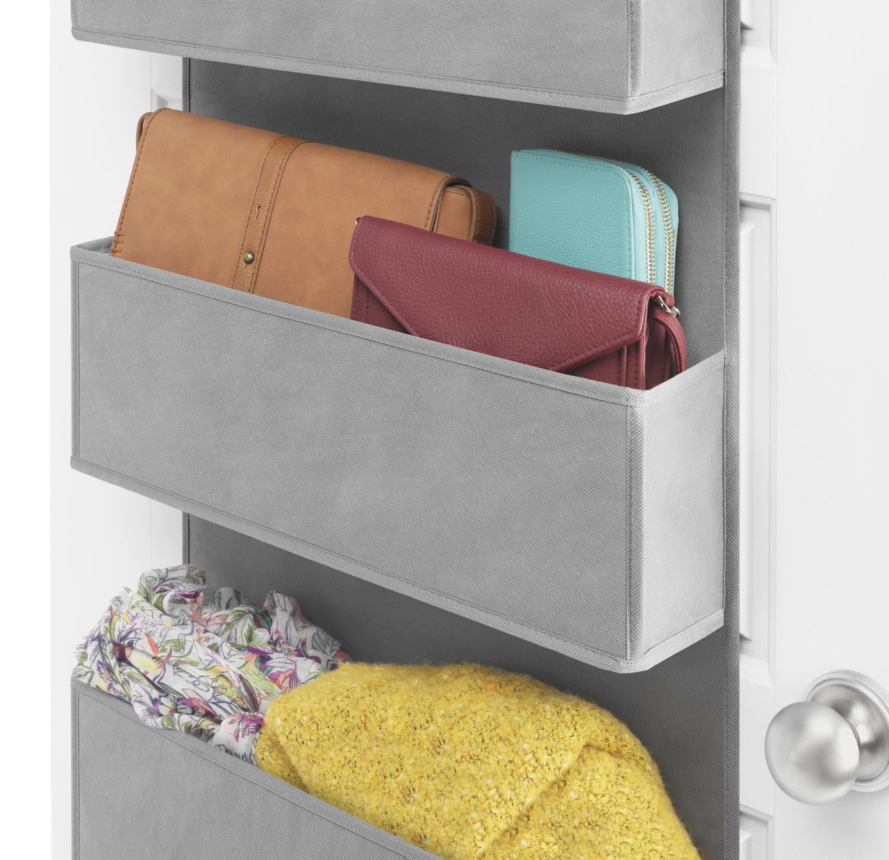 Whitmor 4-Tier Over The Door Hanging Organizer with Gray Fabric Storage Pockets