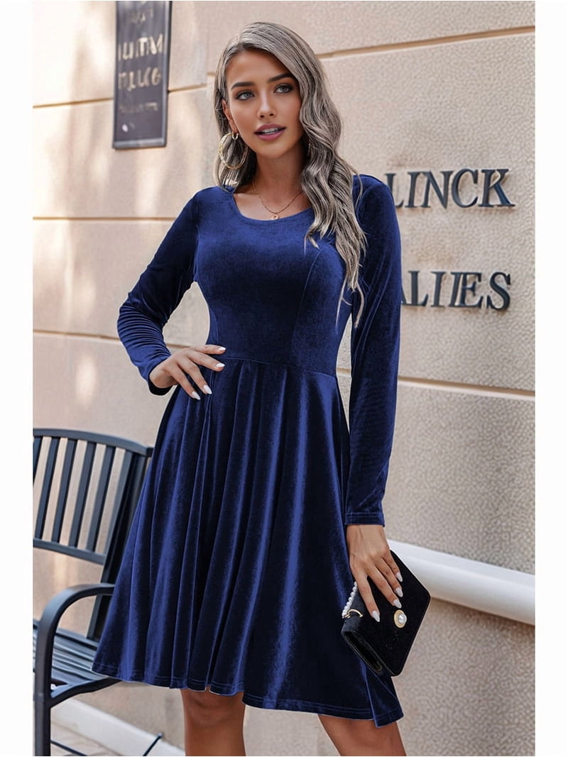 Women'S Velvet Dress Long Sleeve Cocktail Dresses Flare Swing Mini Prom Dress for Wedding Guest Dark Blue S