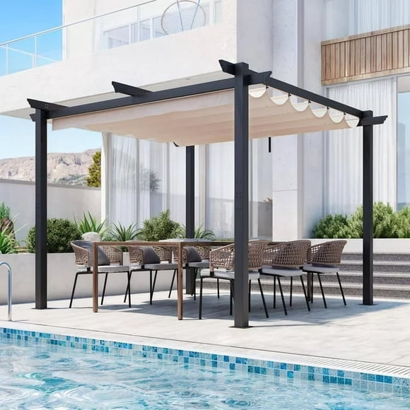 UPHYB Retractable Pergola 10' x 10', Metal Freestanding Shelter with Adjustable Sun Shade Canopy for Patios, Beige