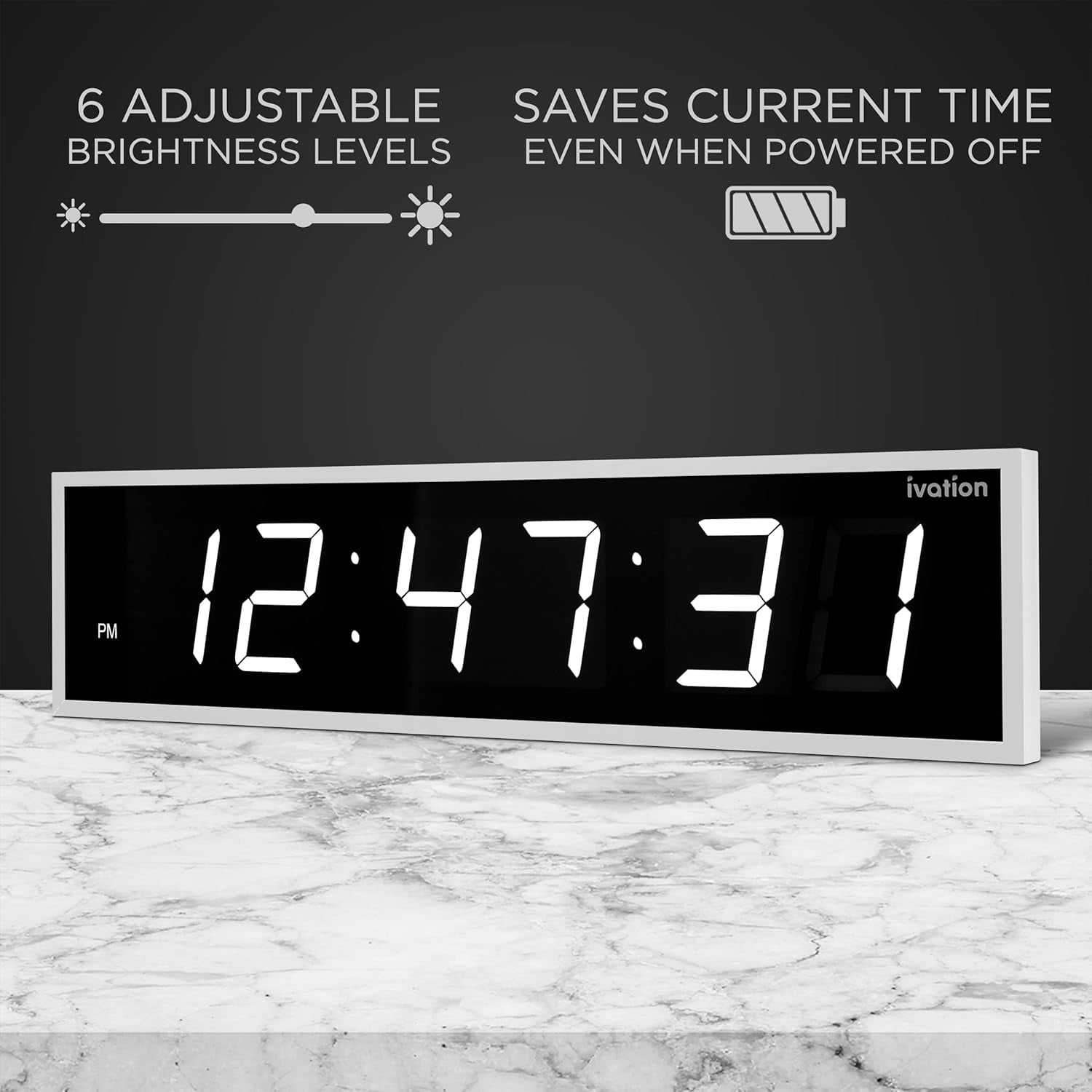 Ivation Large Digital Clock, 48" Led Wall Clock with Stopwatch, Alarms, Timer, Temp & Remote, White