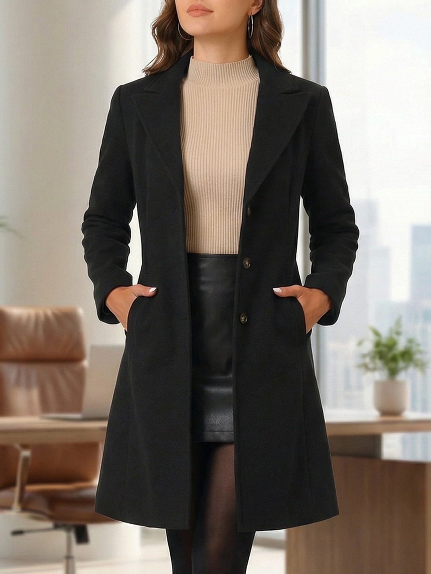 DARING DIVA Women's Winter Single Breasted Peacoat Notched Lapel Button Down Overcoat XL Black