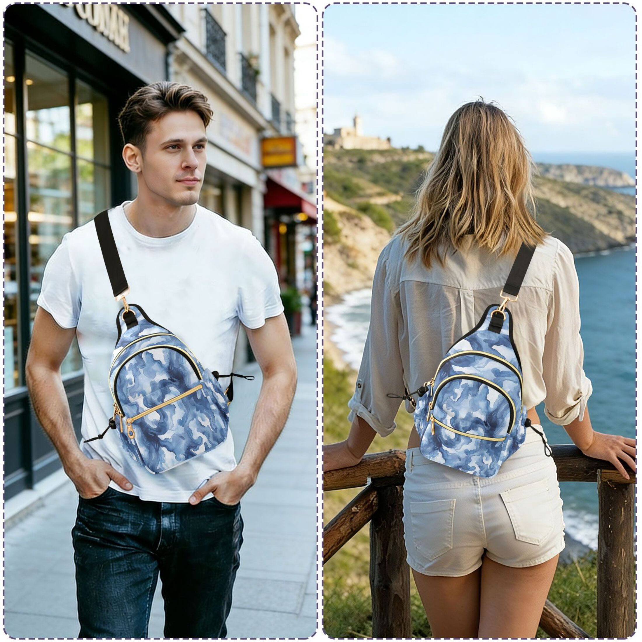 Crossbody Sling Bag for Women Shoulder Purse Trendy Daypack with Adjustable Strap Watercolor Indigo Waves
