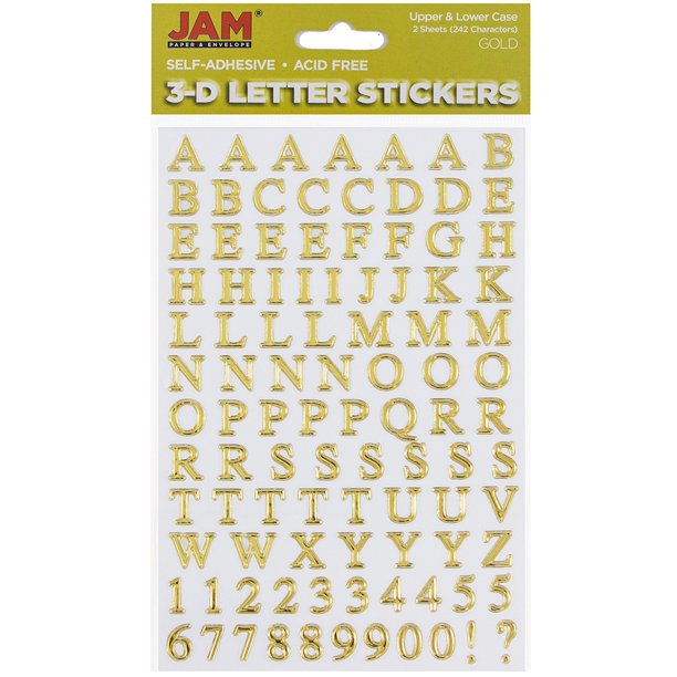 JAM Alphabet Letter and Number Stickers, 242/Pack, Gold