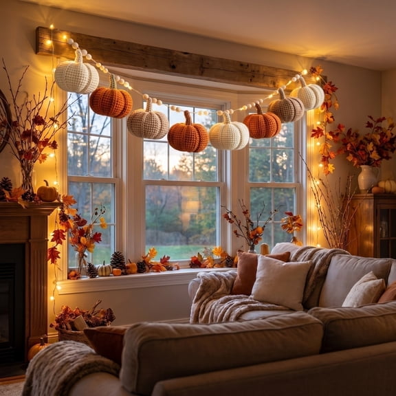 Farmhouse Fall Decor, Fall Garland with Lights, Halloween Hanging Decor, Neutral Fall Decor, 98X3 Inch Knit Pumpkin Bead Garland for Mantel