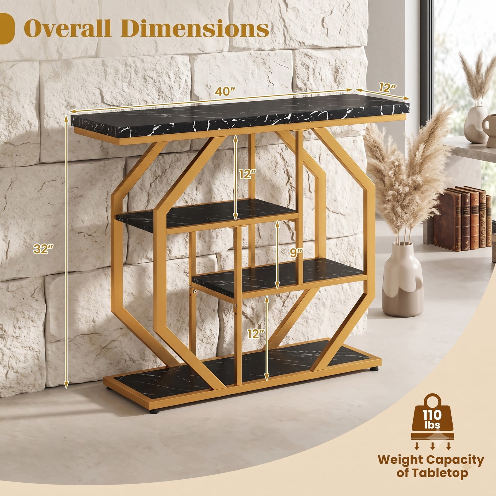 Furnibear Modern Sofa Table Behind Couch 4-Tier Console Table with Faux Marble Tabletop and Open Shelves, Black and Gold