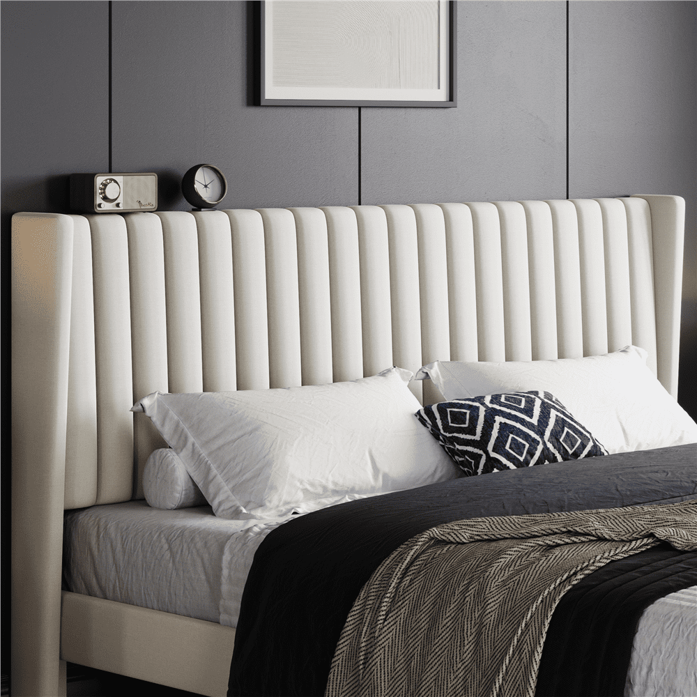 Renwick Wingback Upholstered Platform Bed Frame, King, Ivory