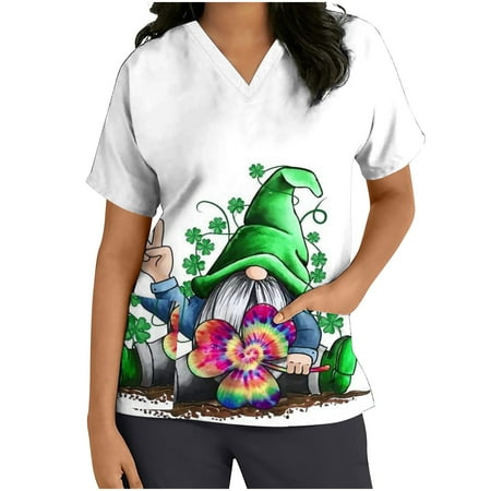 

St. Patrick s Day Short Sleeve for Women V Neck Scrub_shirts Cute Printed Working Uniform Tops with Pockets