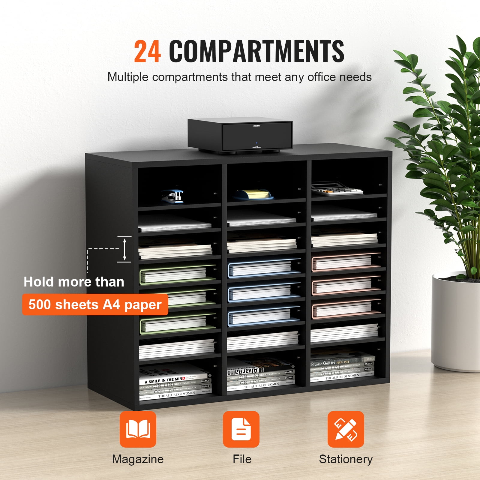 KFFKFF Wooden Document Storage Box Adjustable File Sorter 24 Compartments Black
