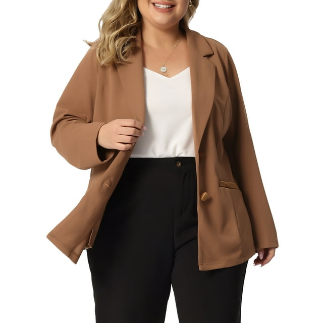 GRACE & GRANDEUR Blazer de Bureau pour Femme Grande Taille d'Automne à Revers Cranté, Boutonné, 3X Brun
