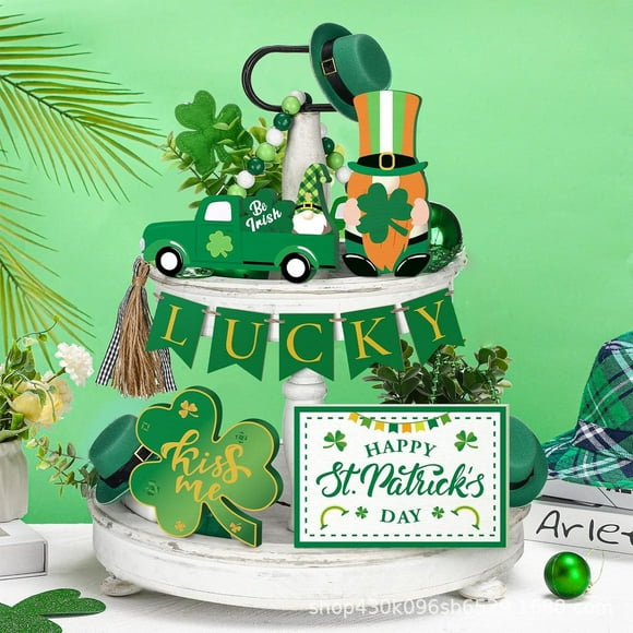 Easter Tray Decoration - St Patrick'S Day St. Day Tiered Tray Decor Wooden Table Signs Green Block Wood Table Centerpieces with Holder for St. Home Holiday Decor, Mother'S Day