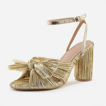 

Women s Bow Knot Heeled Sandals Open Toe Ankle Strap Chunky Heels Bridal Wedding Dress Shoes