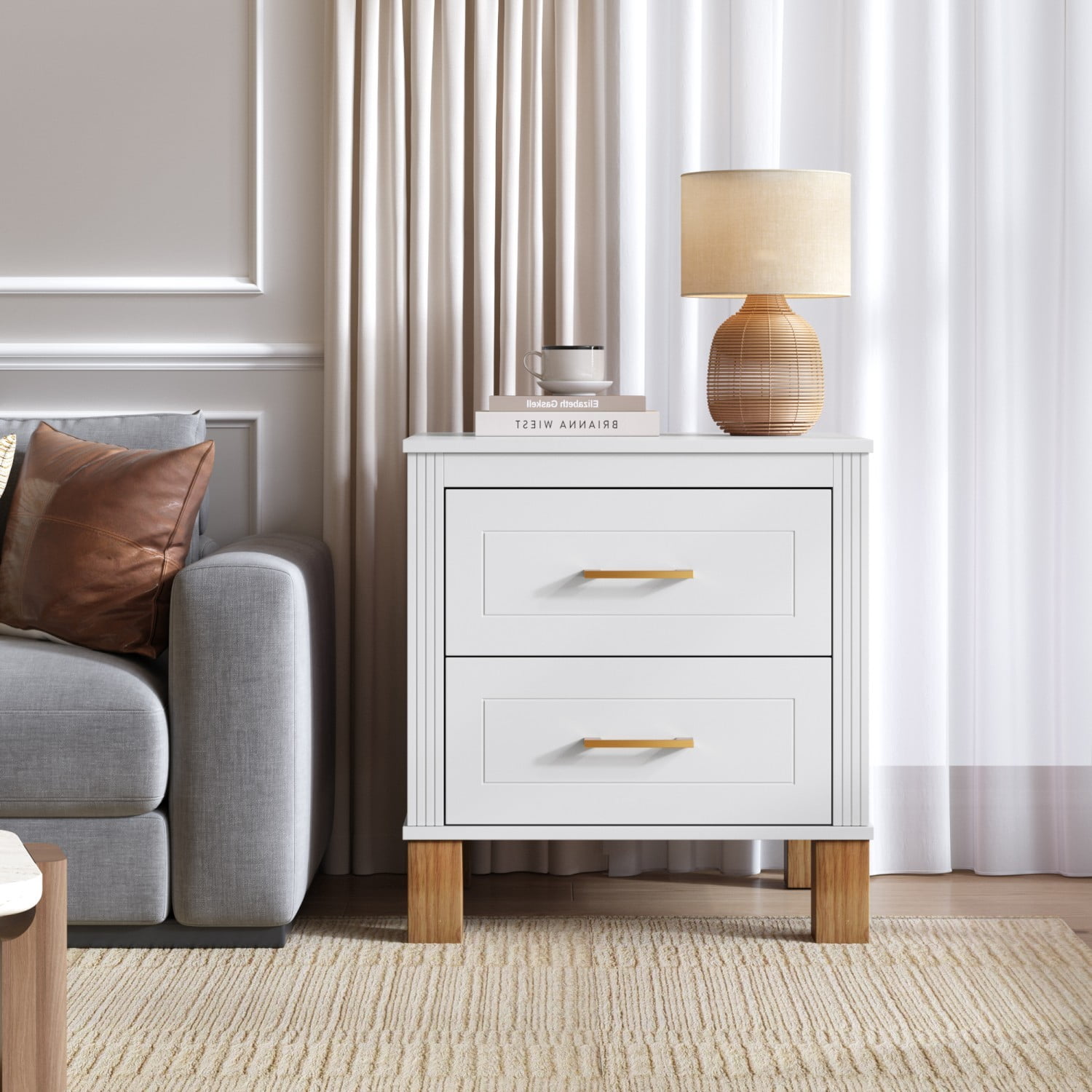 2 Drawer Nightstand with Solid Wood Legs, Fluted Bedside Table with Metal Handles, Tall Wood End Table Storage Cabinet for Bedroom, Living Room, White