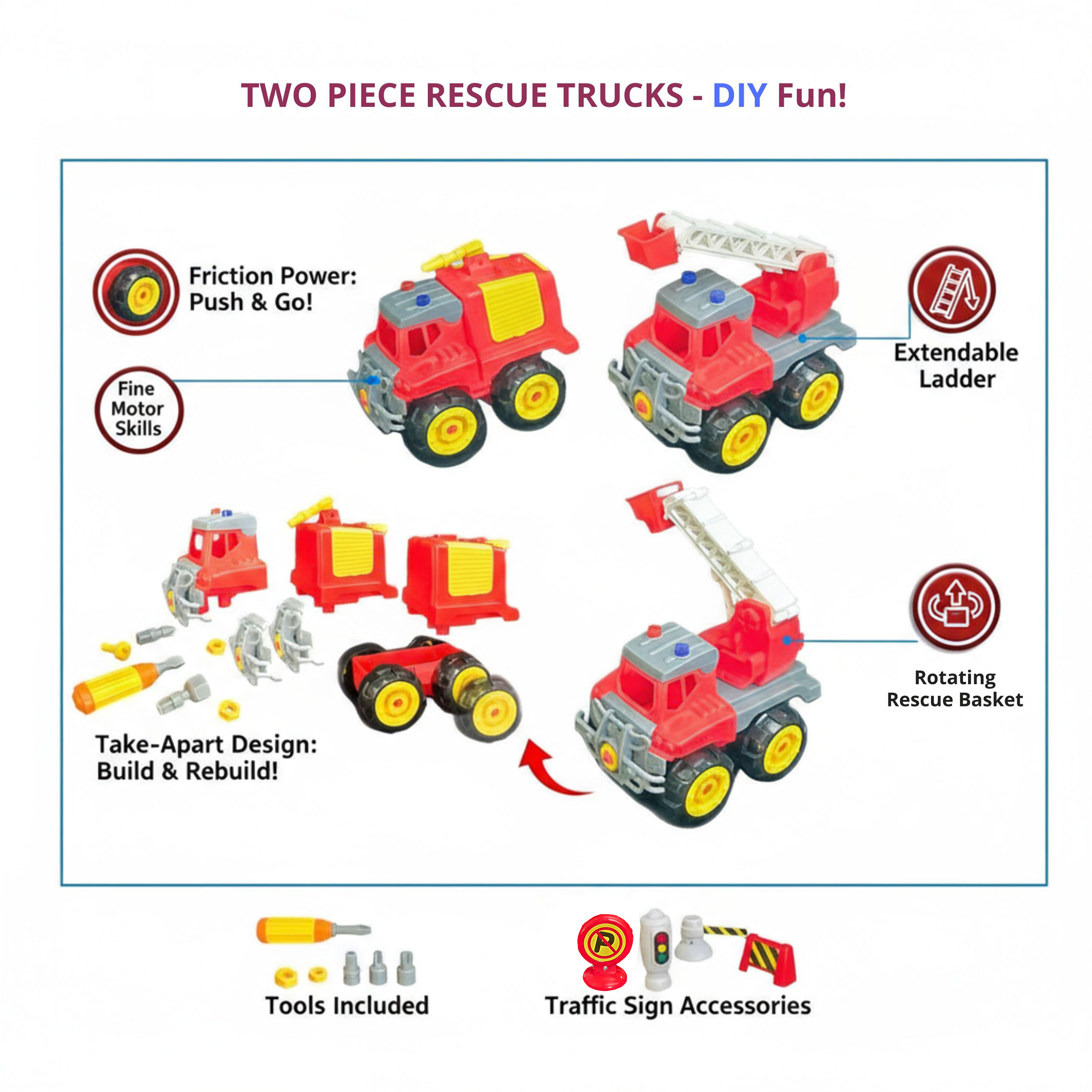 STEM DIY Fire Rescue Truck Building Kit (2 Vehicles) with Screwdriver, Traffic Signs & Moving Parts – Friction-Powered Take Apart Toy for Kids 3+