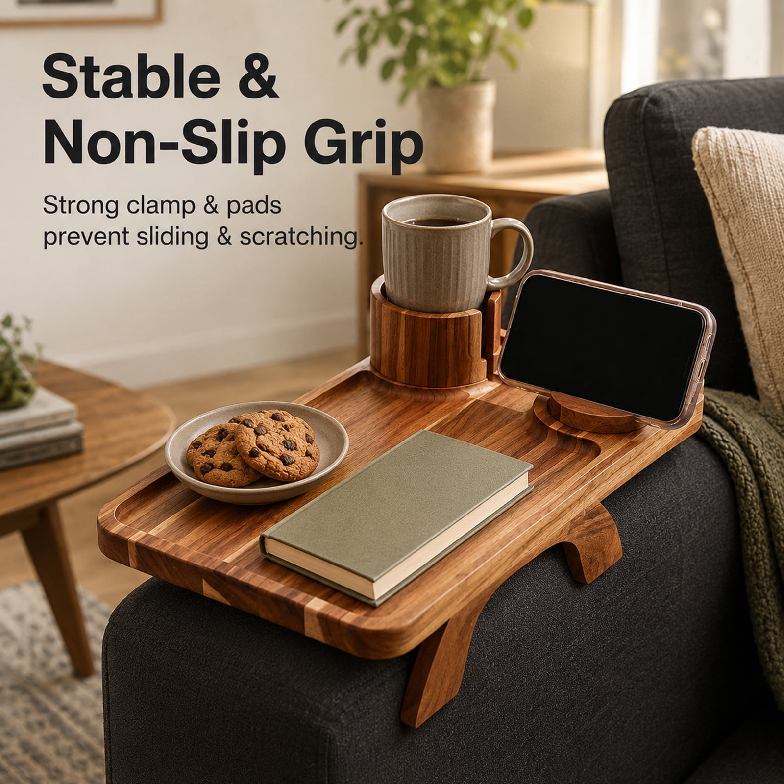 Alvantor Large Acacia Wood Sofa Arm Tray with 360° Rotation and Phone Holder