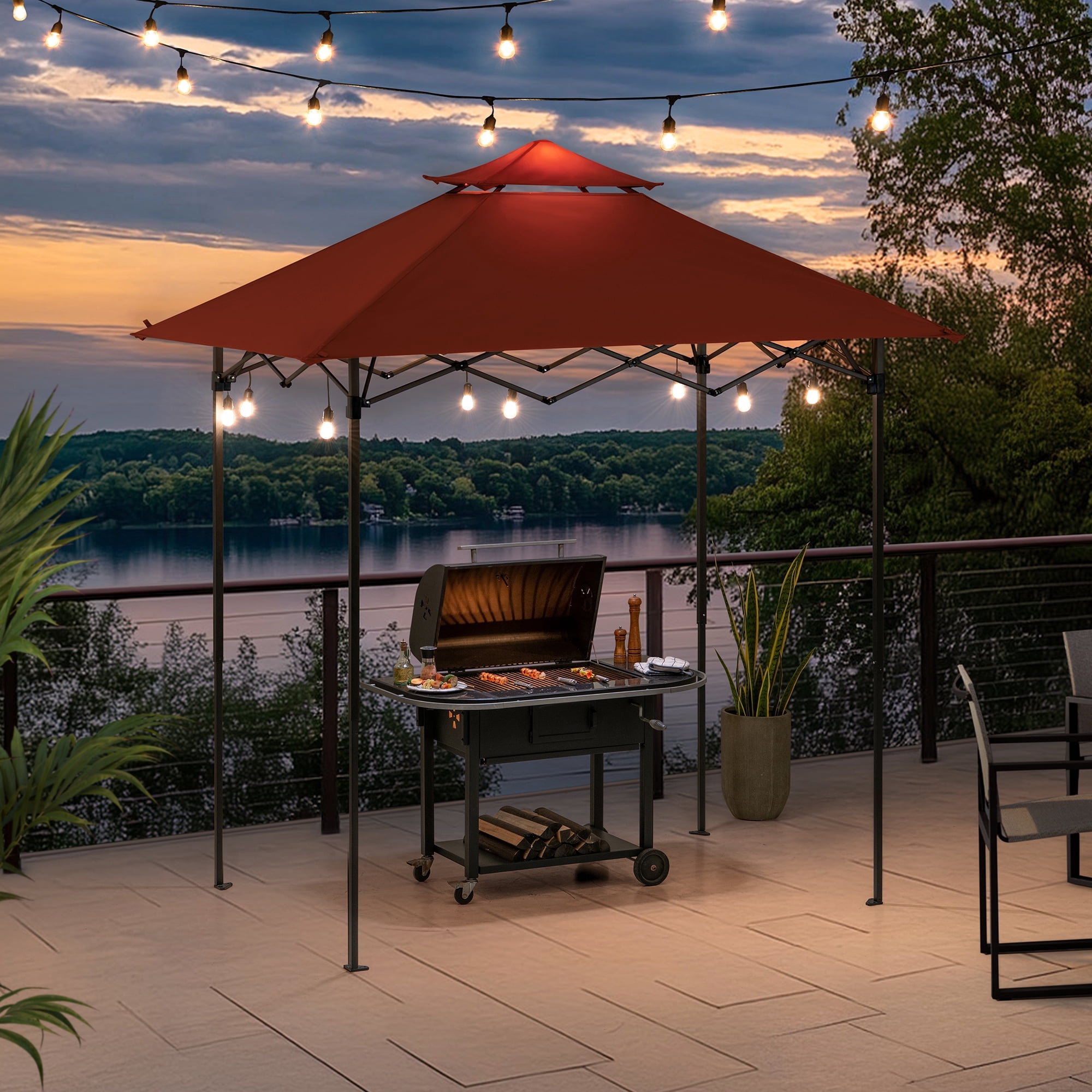 SUNJOY 8' x 5' Grill Gazebo Double Tiered Outdoor Gazebo Standing-Height Canopy with Magnetic LED Light, Adjustable Ceiling Height, for BBQ,Picnics, Outdoor Events, Red