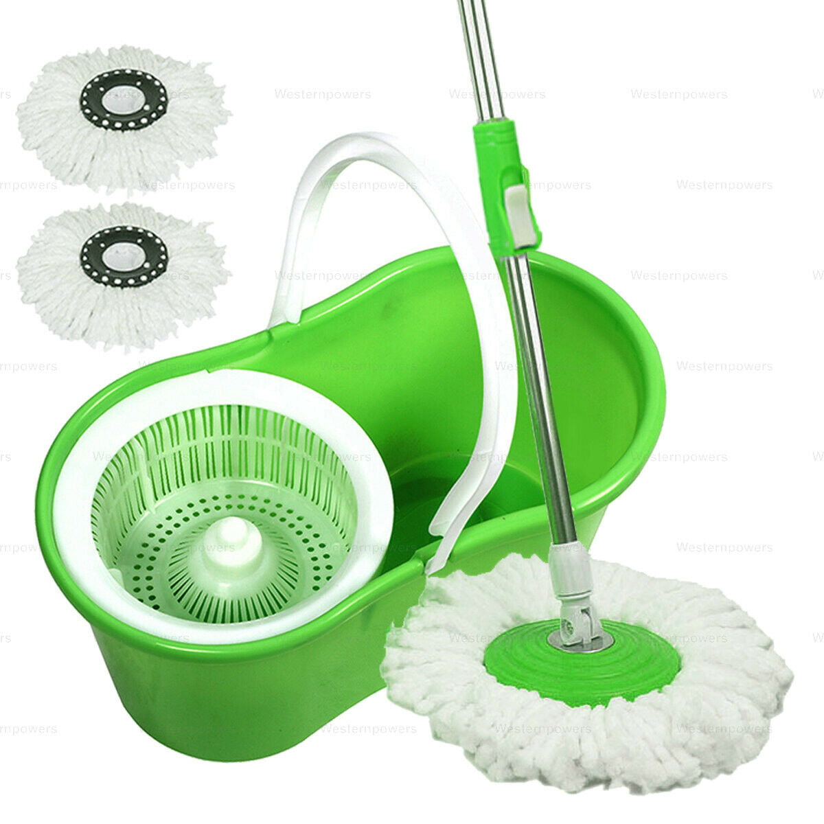 Hot 360°Easy Clean Floor Mop Bucket 2 Heads Microfiber Spin Rotating Head Green 