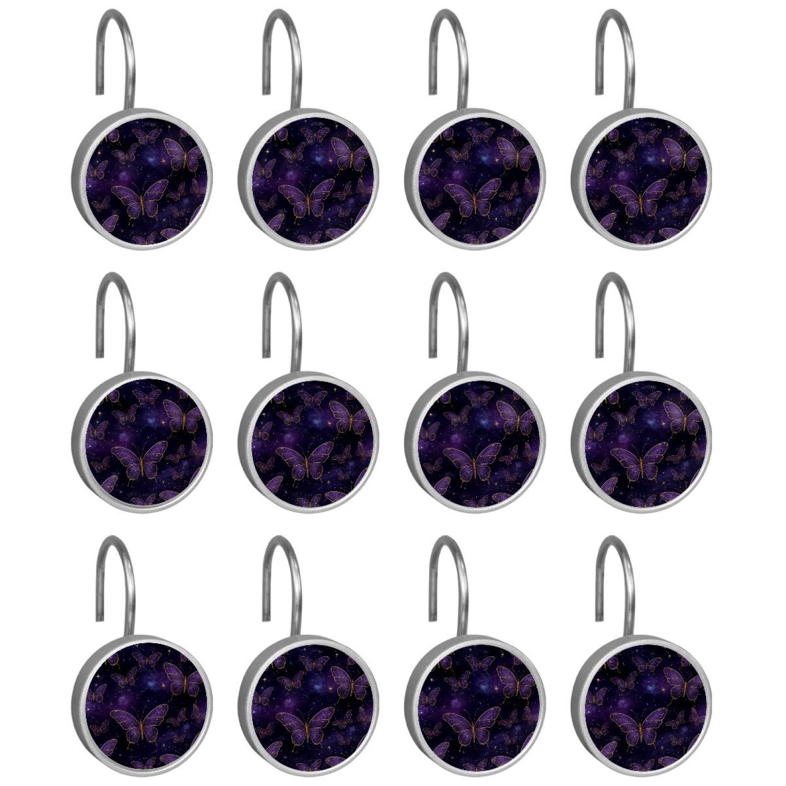 HemaKayy 12 Pcs Shower Curtain Hooks Bathroom Decorative Accessories Golden Edged Purple Butterfly
