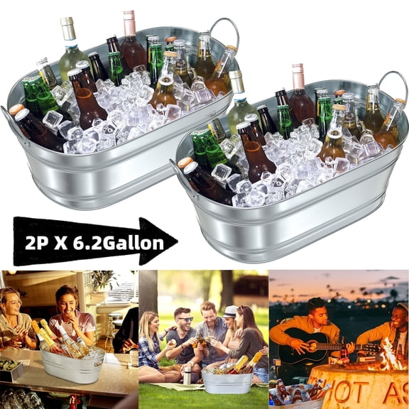 Gamexcel 2Pcs Galvanized Beverage Tub, Ice Buckets for Parties, Wine, Beer, Seafood, 6.2 Gallon, 22.5" L x 12.5" W x 8" H