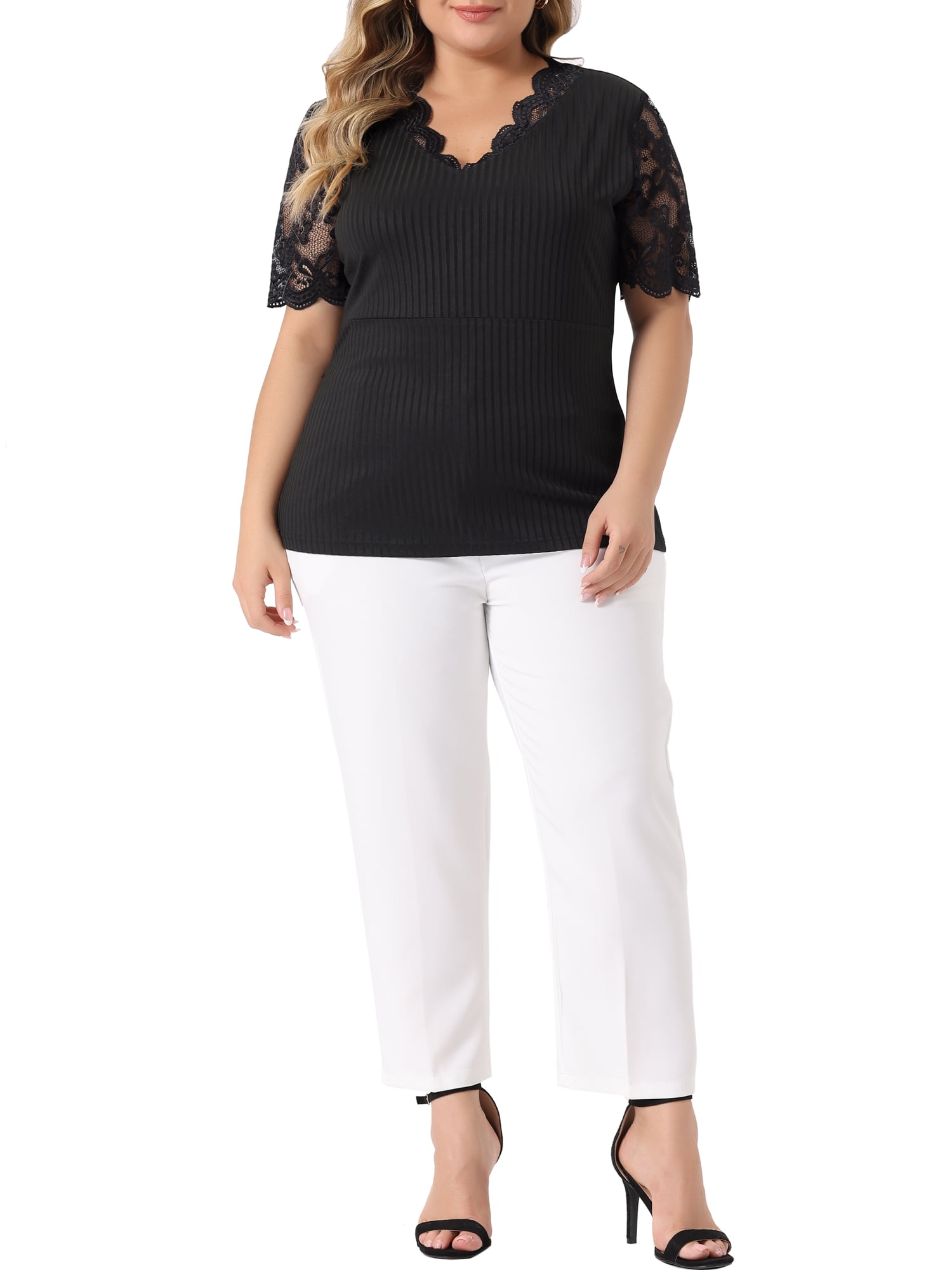 Unique Bargains Plus Size V Neck Lace Knit Tunic Blouse 3X