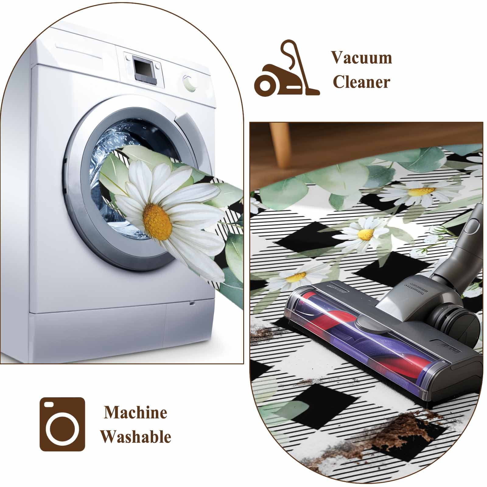 Kitchen Mats for Floor 3x5 Ft, Green Eucalyptus Leaves Non Slip Area Rugs for Kitchen Bedroom Entryway, Daisy Floral Washable Carpet Runner Rug Floor Mats for Bedroom Summer Botanical Plaid