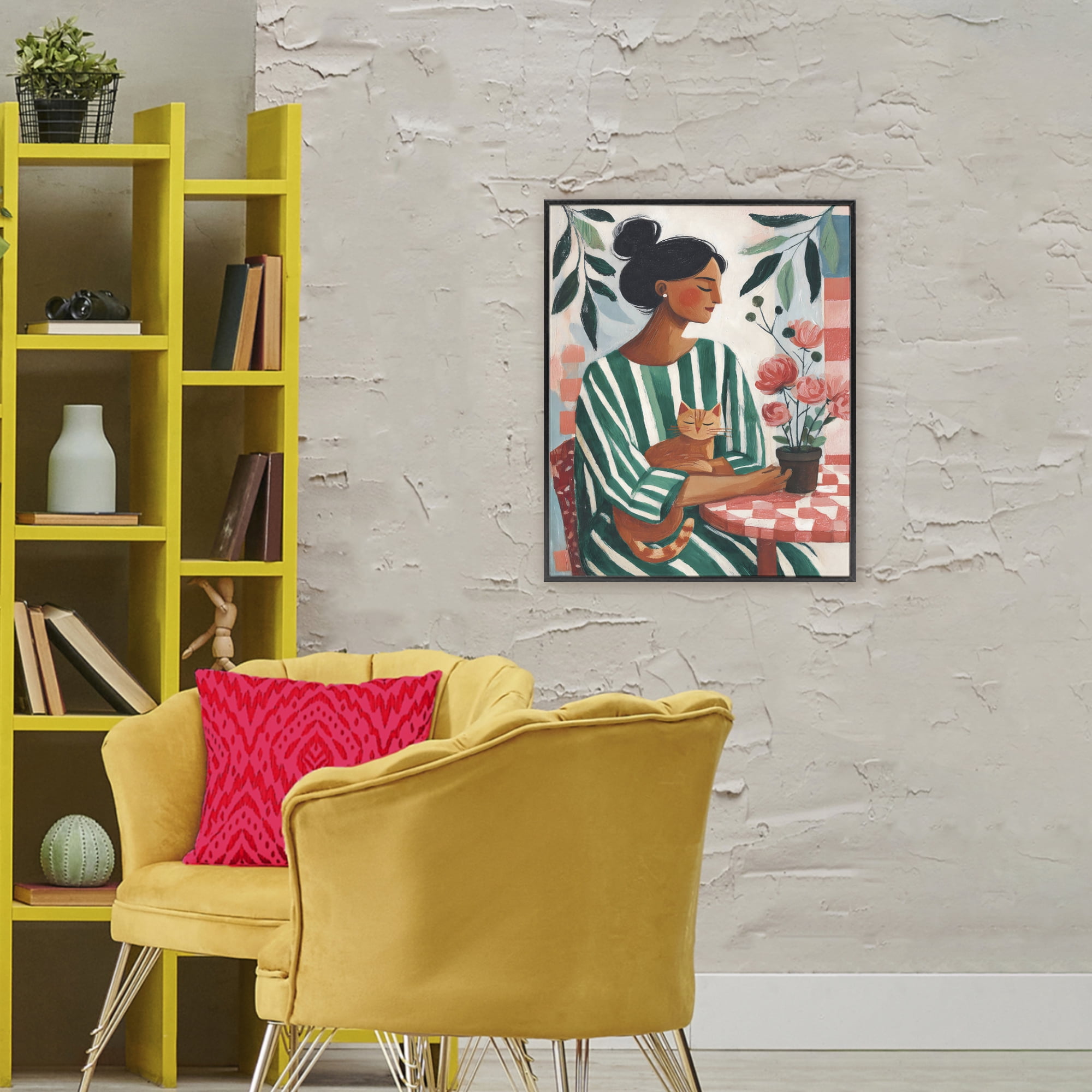 Stupell Industries Cat Lady in Striped Dress Black Framed Giclee Art, design by Sisi and Seb