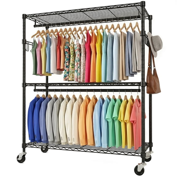 Prilinex 3-Tier Adjustable Wire Garment Rack 80.7"H x 45"W x 17.7"D Heavy Duty Clothes Rack with Shelves and Double Rods, Rolling Clothing Rack for Hanging Clothes, Black