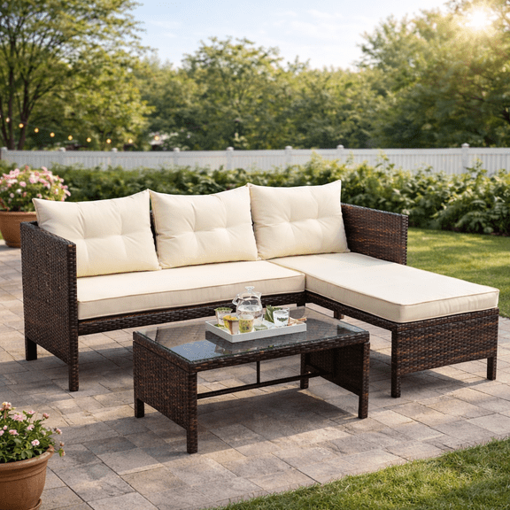 3 PCS Patio Sectional Sofa Conversation Set, All Weather Rattan Patio Furniture Set, Brown Outdoor Chaise Lounge Set with Cushion and Table, Deck Backyard Porch Furniture
