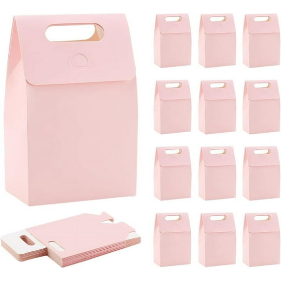 PH 24 Pack Goodies Boxes Party Treat Boxes Pink Gift Boxes with Handles Goodies Favor Boxs Kraft Party Favor Boxes for Valentine Candy Cupcake Cookies 3.7x5.9x2.1 inch for DIY